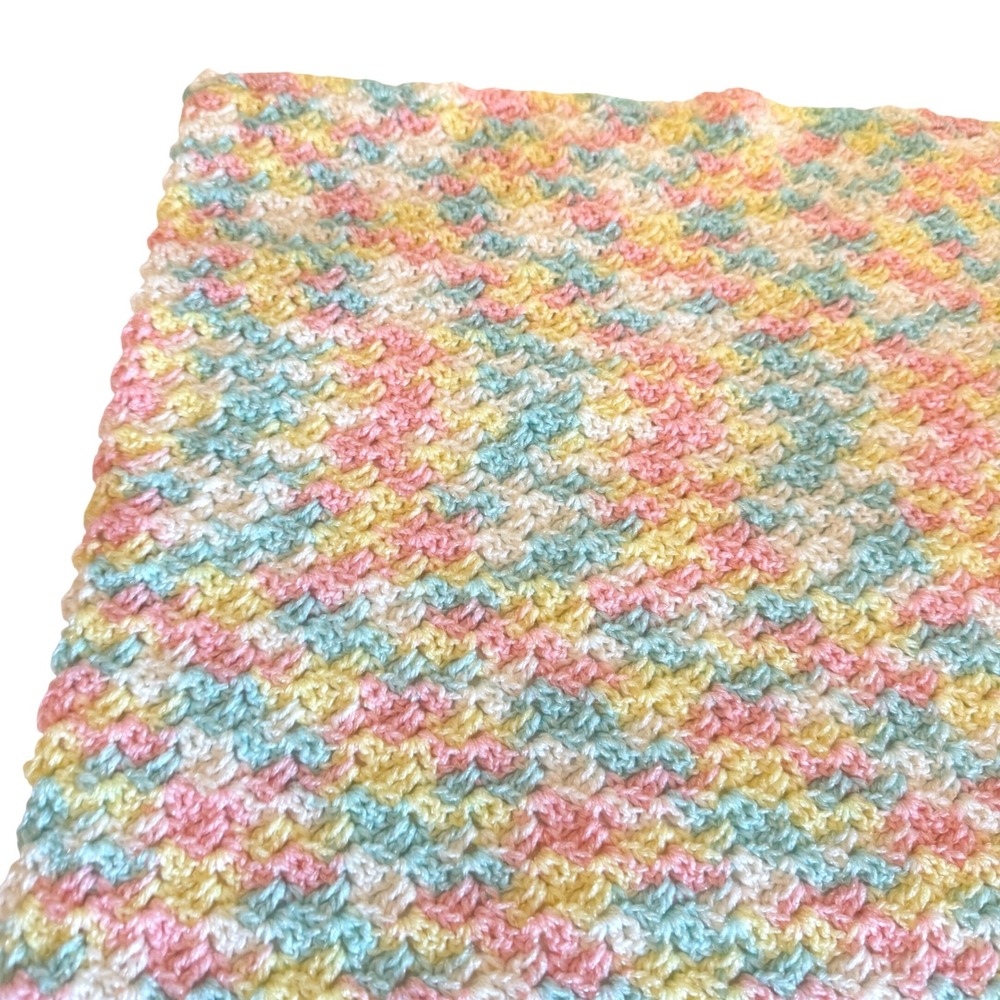 Handmade Crochet Baby Blanket Pastel Pink Yellow Blue Green White Rainbow 42x36"